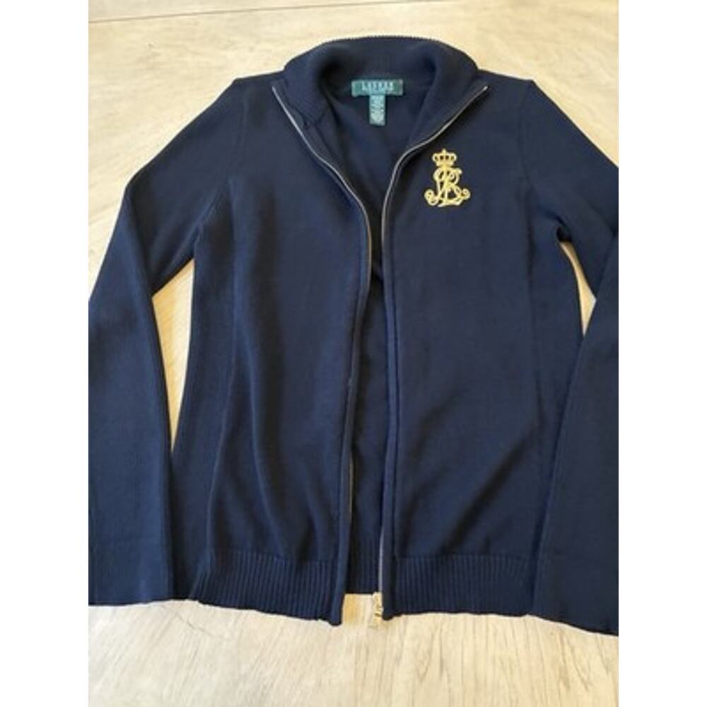 VTG Ralph Lauren Black Cable Knit Cardigan Gold Crest Full Zip Sweater Mock Med - Picture 16 of 16